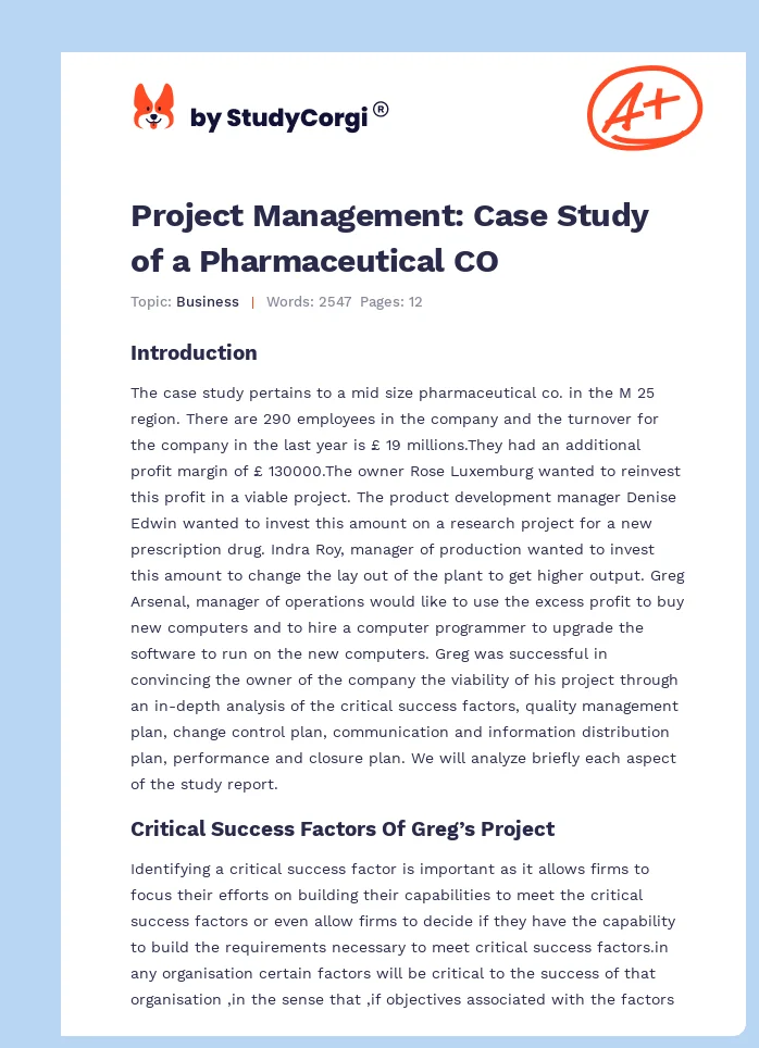 Project Management: Case Study of a Pharmaceutical CO. Page 1