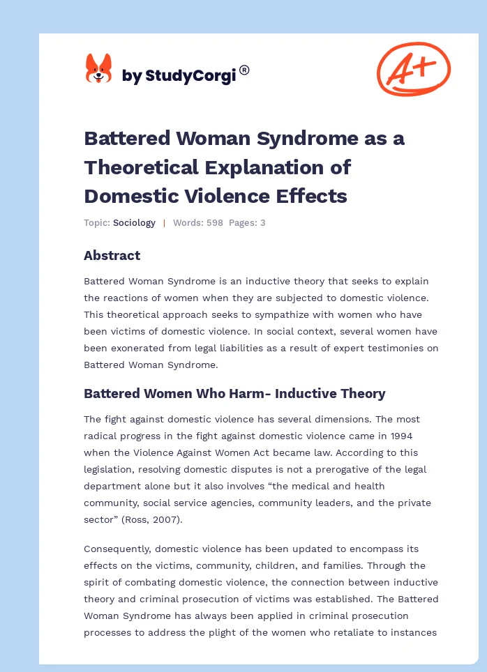 Battered Woman Syndrome as a Theoretical Explanation of Domestic Violence Effects. Page 1