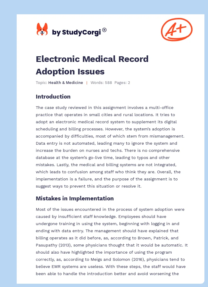 Electronic Medical Record Adoption Issues. Page 1