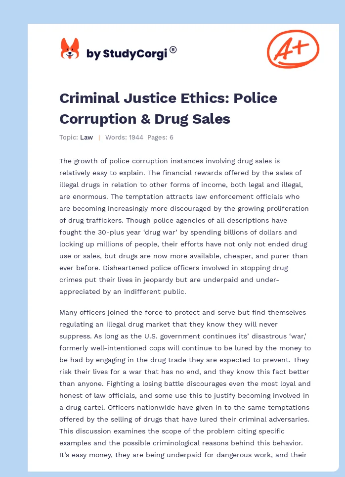 Criminal Justice Ethics: Police Corruption & Drug Sales. Page 1