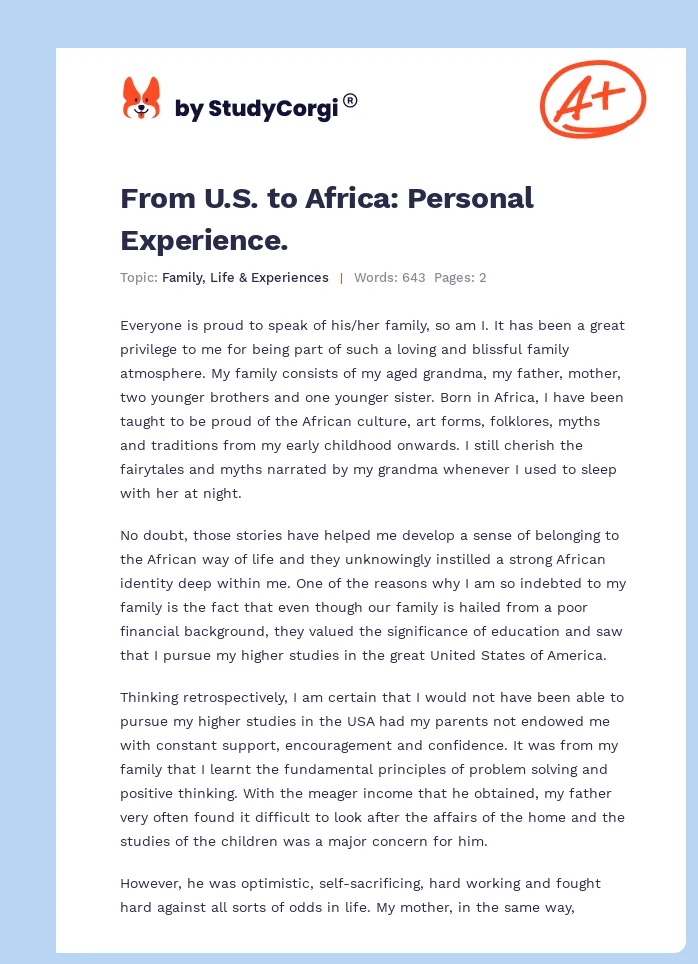 From U.S. to Africa: Personal Experience.. Page 1