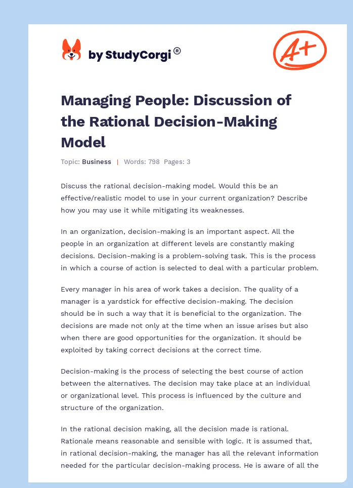Managing People: Discussion of the Rational Decision-Making Model. Page 1