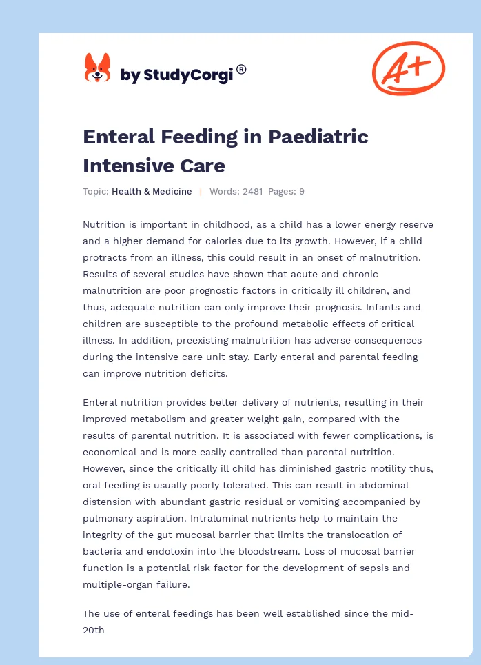 Enteral Feeding in Paediatric Intensive Care. Page 1