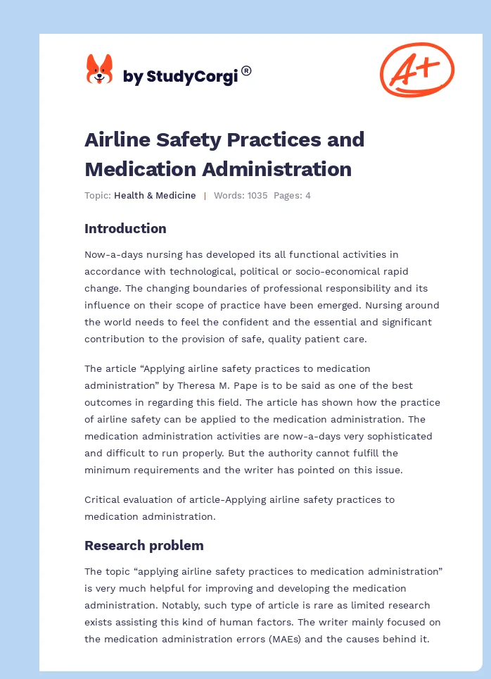 Airline Safety Practices and Medication Administration. Page 1