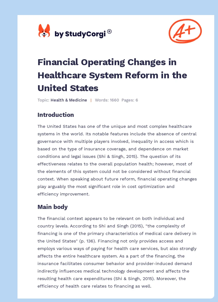 Financial Operating Changes in Healthcare System Reform in the United States. Page 1