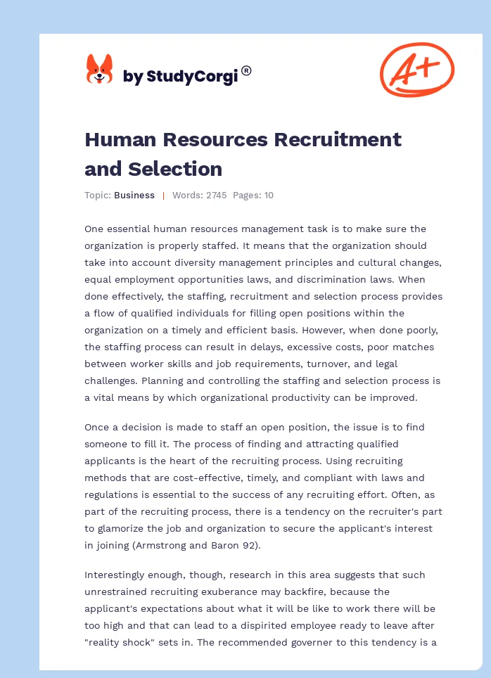 Human Resources Recruitment and Selection. Page 1