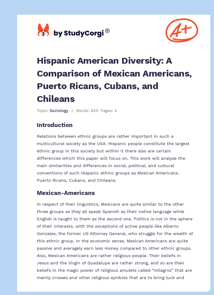 Hispanic American Diversity: A Comparison of Mexican Americans, Puerto Ricans, Cubans, and Chileans. Page 1