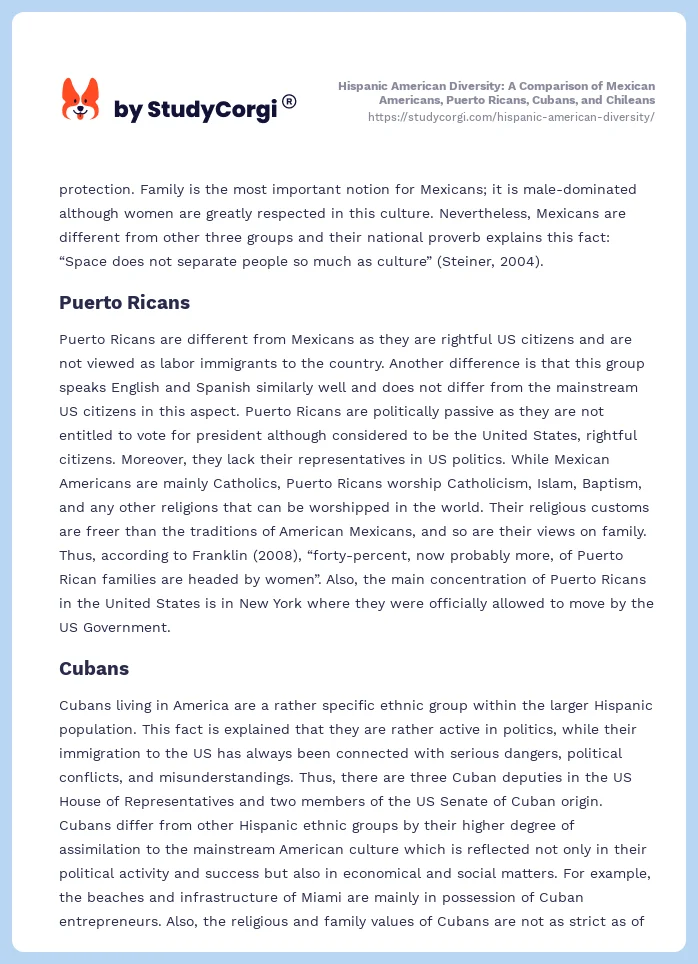 Hispanic American Diversity: A Comparison of Mexican Americans, Puerto Ricans, Cubans, and Chileans. Page 2