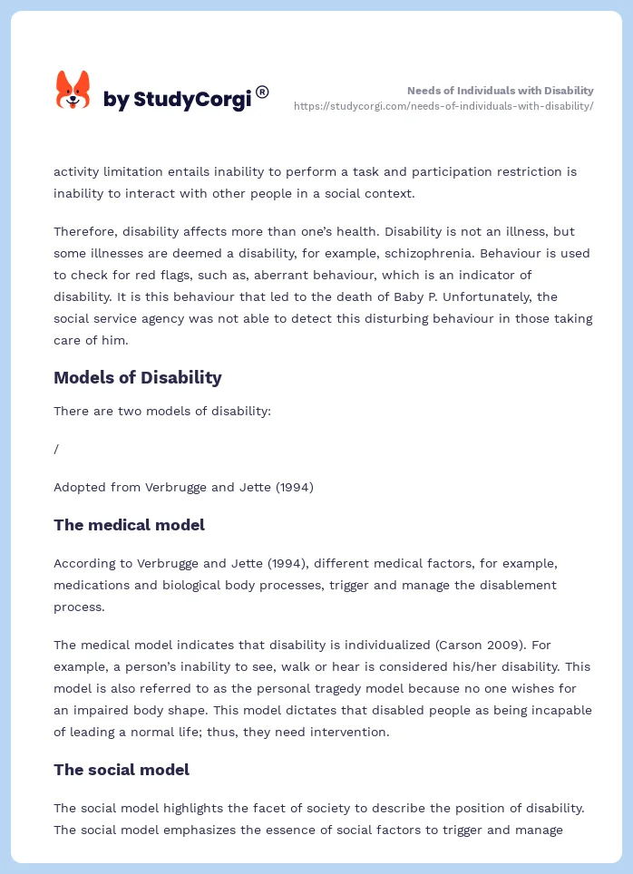 Needs of Individuals with Disability. Page 2