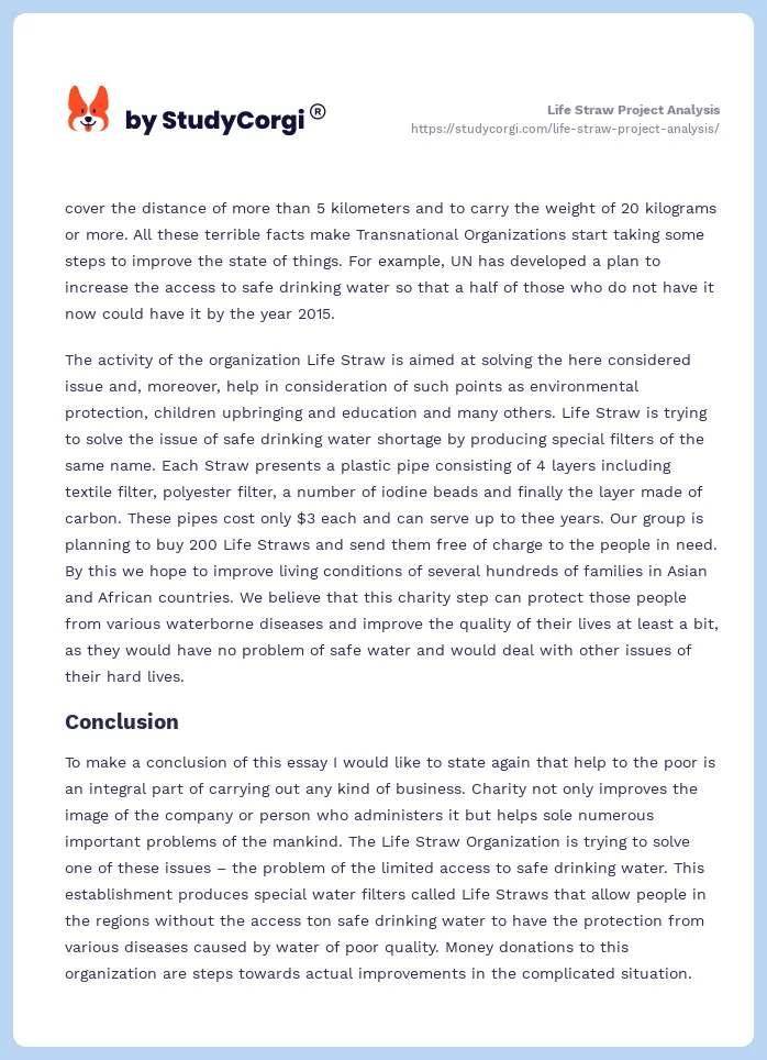 Life Straw Project Analysis. Page 2
