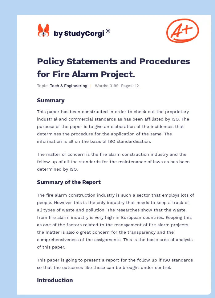 Policy Statements and Procedures for Fire Alarm Project.. Page 1