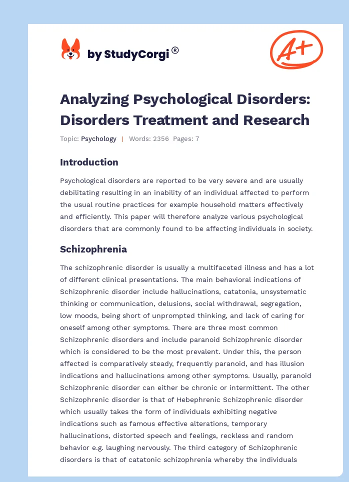 Analyzing Psychological Disorders: Disorders Treatment and Research. Page 1