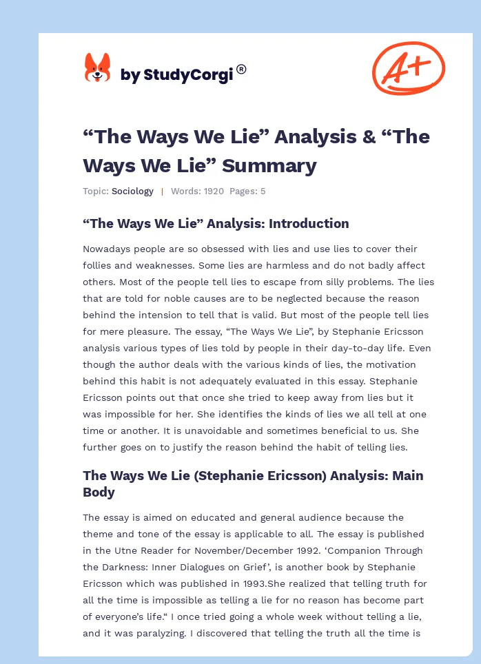 “The Ways We Lie” Analysis & “The Ways We Lie” Summary. Page 1