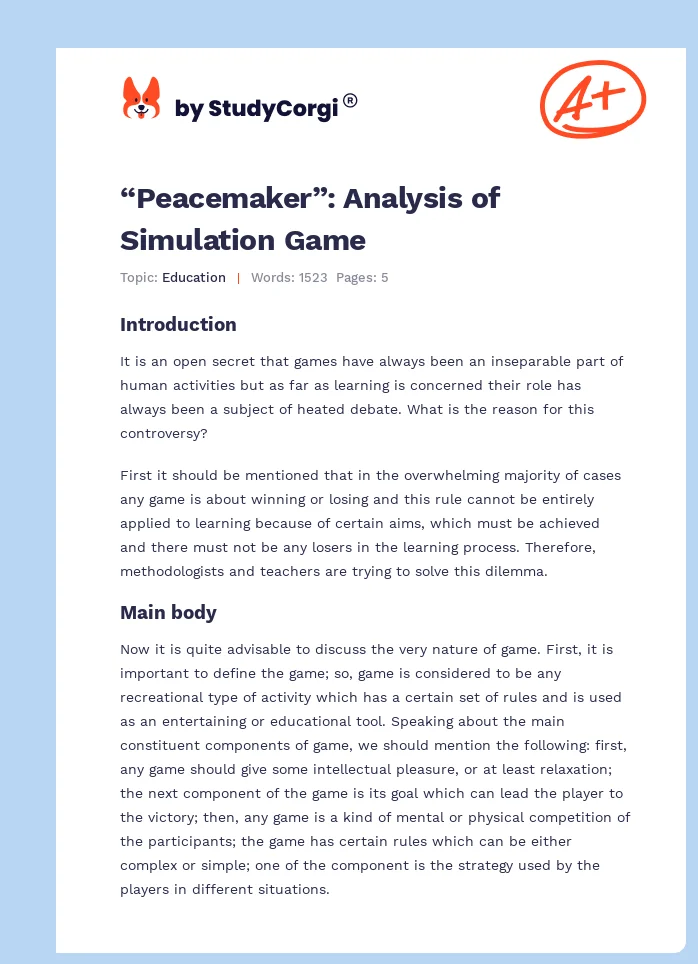 “Peacemaker”: Analysis of Simulation Game. Page 1