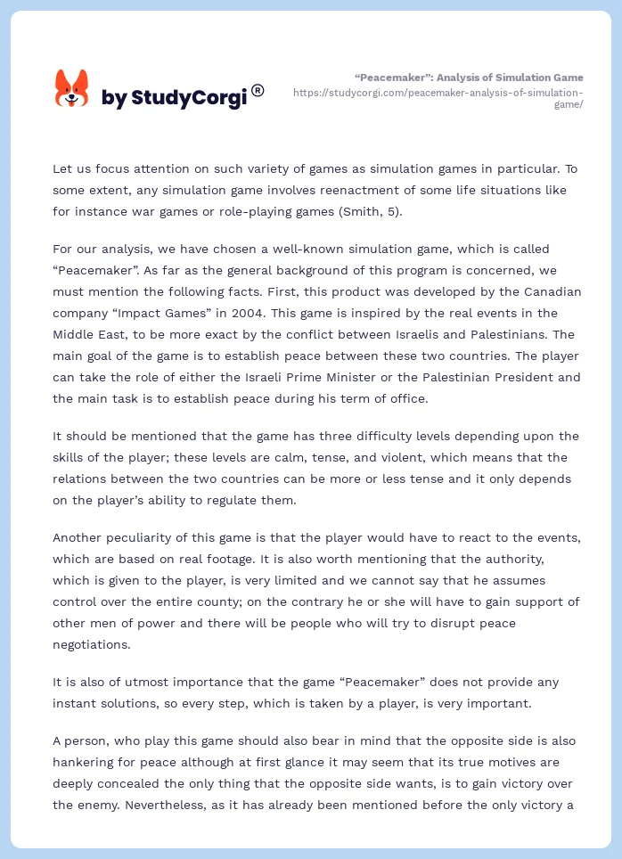 “Peacemaker”: Analysis of Simulation Game. Page 2