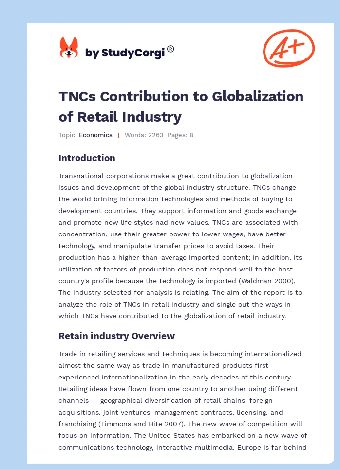 TNCs Contribution to Globalization of Retail Industry. Page 1
