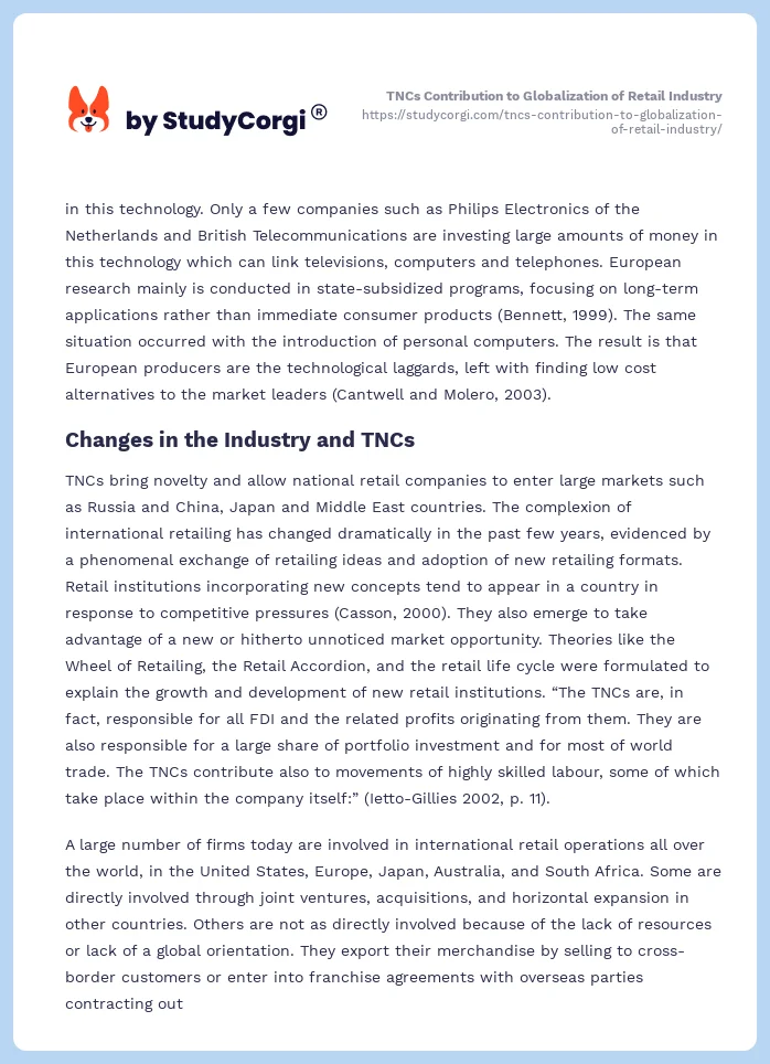TNCs Contribution to Globalization of Retail Industry. Page 2