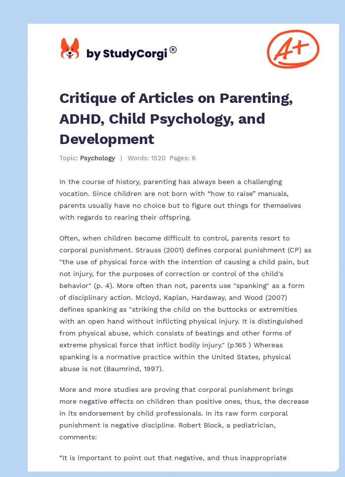 Critique of Articles on Parenting, ADHD, Child Psychology, and Development. Page 1