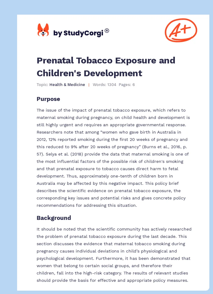 Prenatal Tobacco Exposure and Children's Development. Page 1