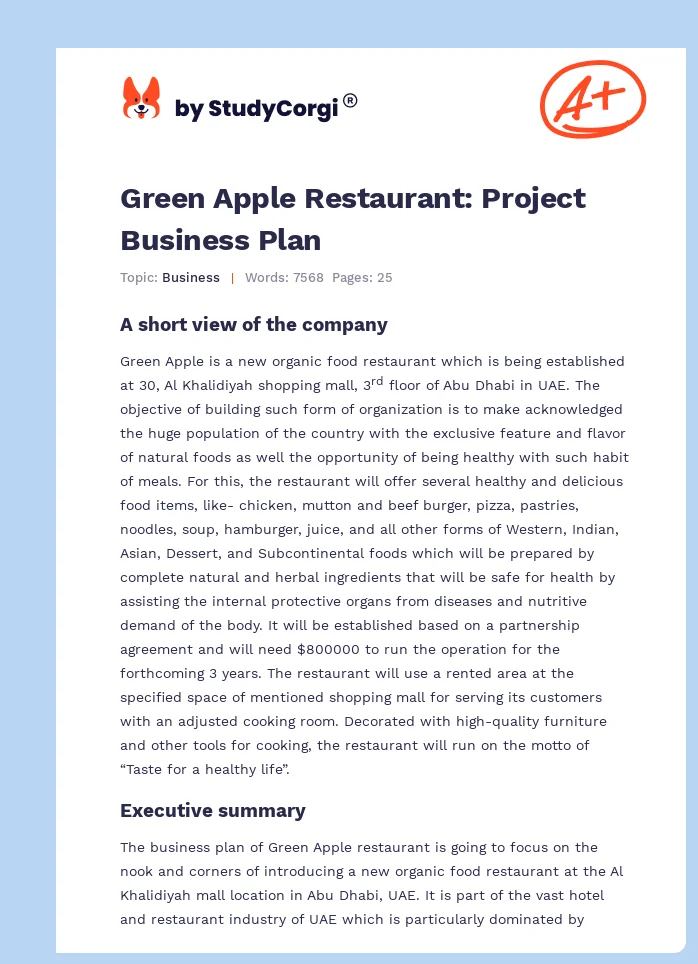 Green Apple Restaurant: Project Business Plan. Page 1