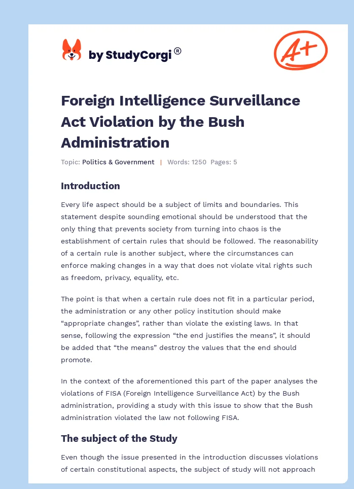 Foreign Intelligence Surveillance Act Violation by the Bush Administration. Page 1