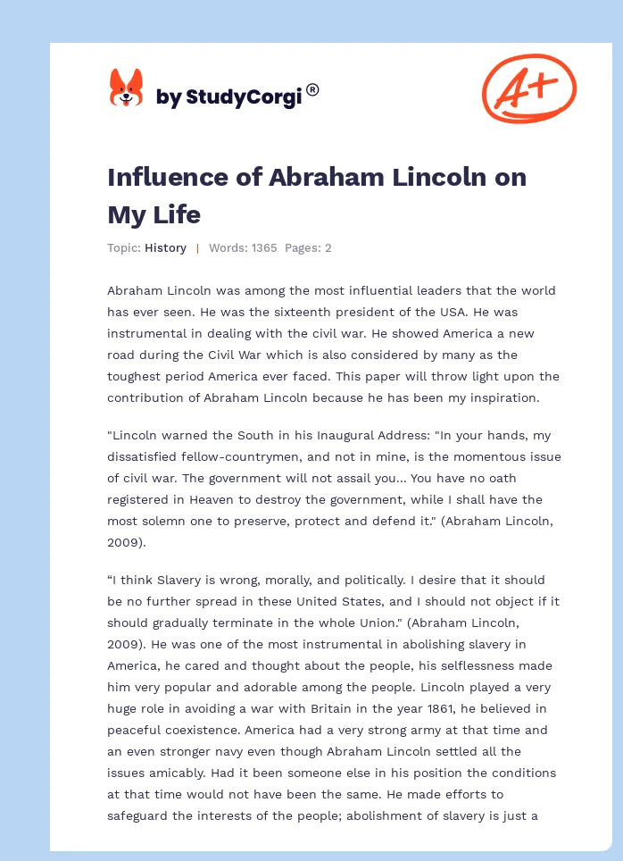 Influence of Abraham Lincoln on My Life. Page 1