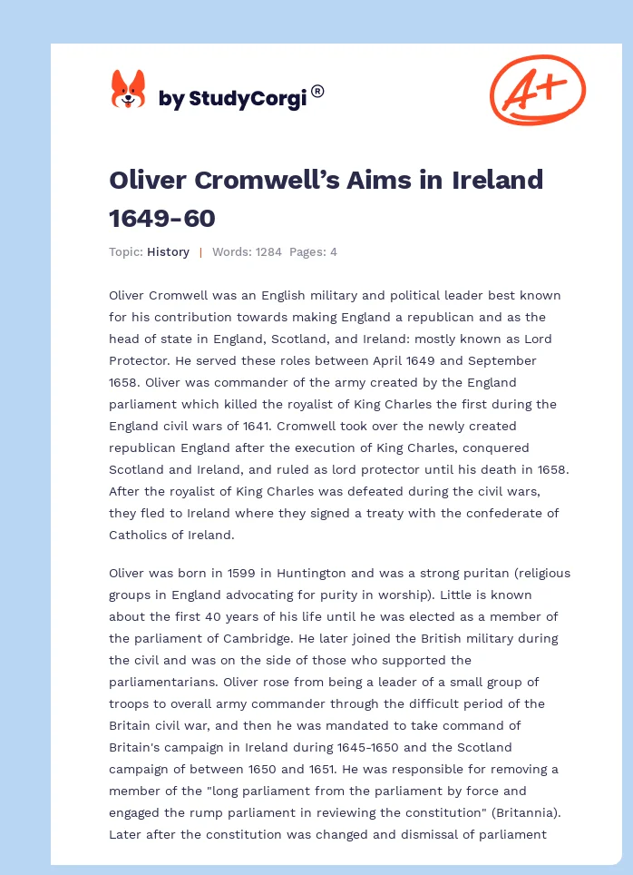 Oliver Cromwell’s Aims in Ireland 1649-60. Page 1