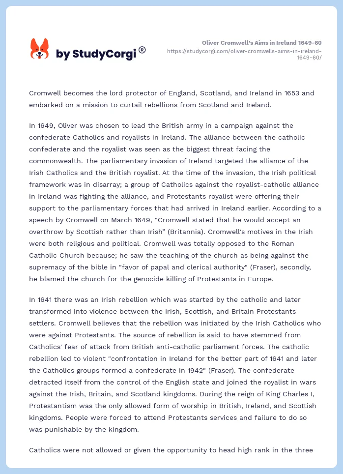 Oliver Cromwell's Aims in Ireland 1649-60 | Free Essay Example