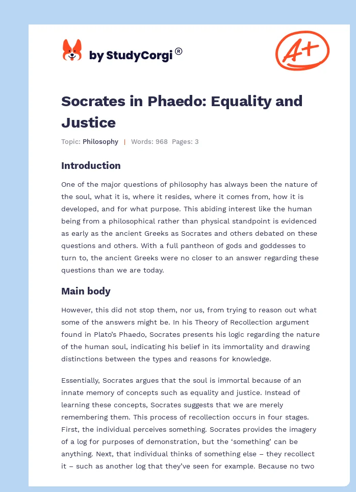 Socrates in Phaedo: Equality and Justice. Page 1