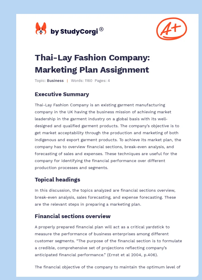 Thai-Lay Fashion Company: Marketing Plan Assignment. Page 1