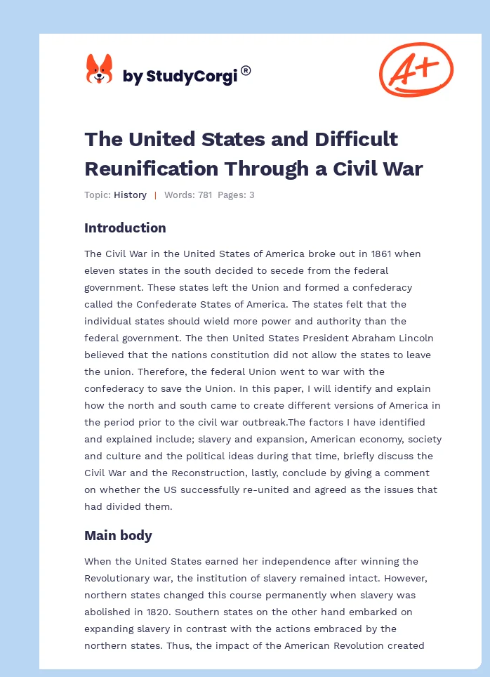 The United States and Difficult Reunification Through a Civil War. Page 1