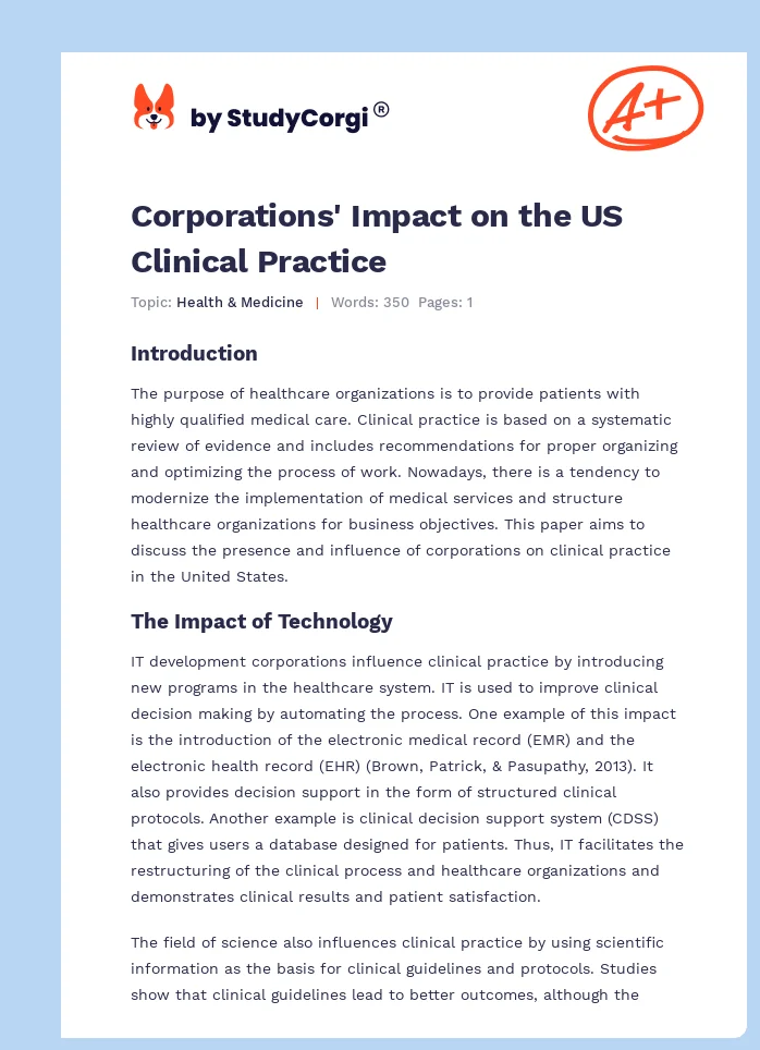 Corporations' Impact on the US Clinical Practice. Page 1