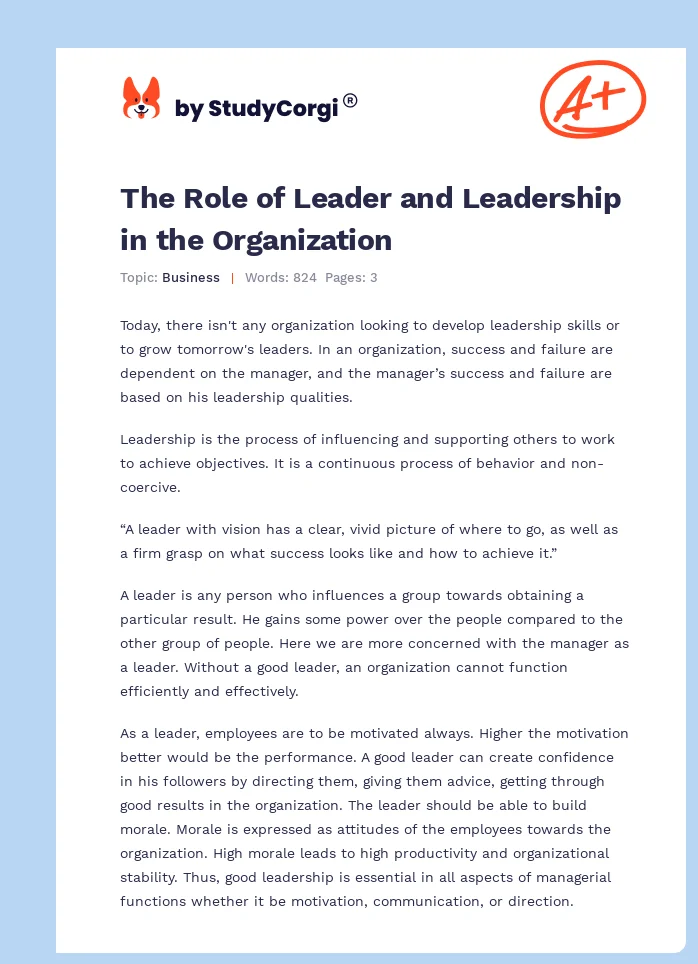 The Role of Leader and Leadership in the Organization. Page 1