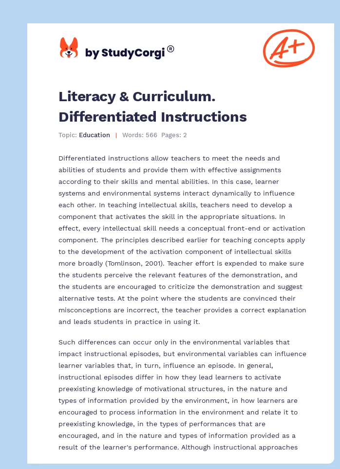 Literacy & Curriculum. Differentiated Instructions. Page 1