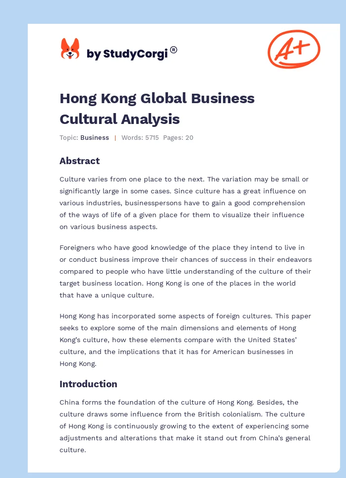 Hong Kong Global Business Cultural Analysis. Page 1