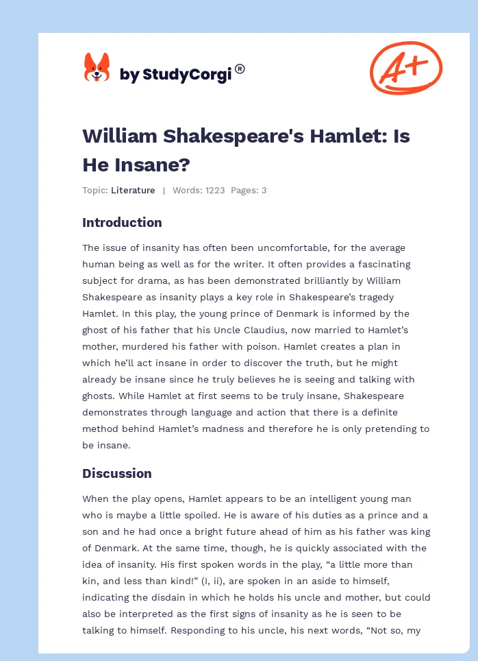 William Shakespeare's Hamlet: Is He Insane?. Page 1