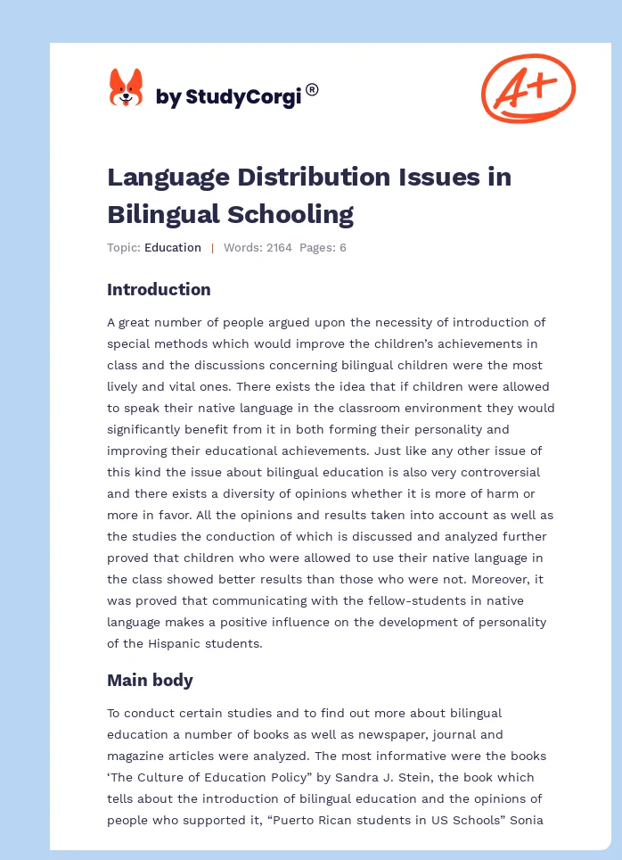 Language Distribution Issues in Bilingual Schooling. Page 1