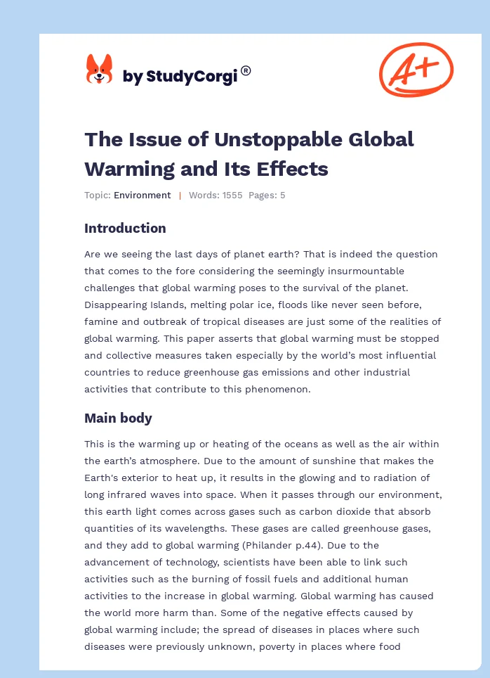 The Issue of Unstoppable Global Warming and Its Effects. Page 1