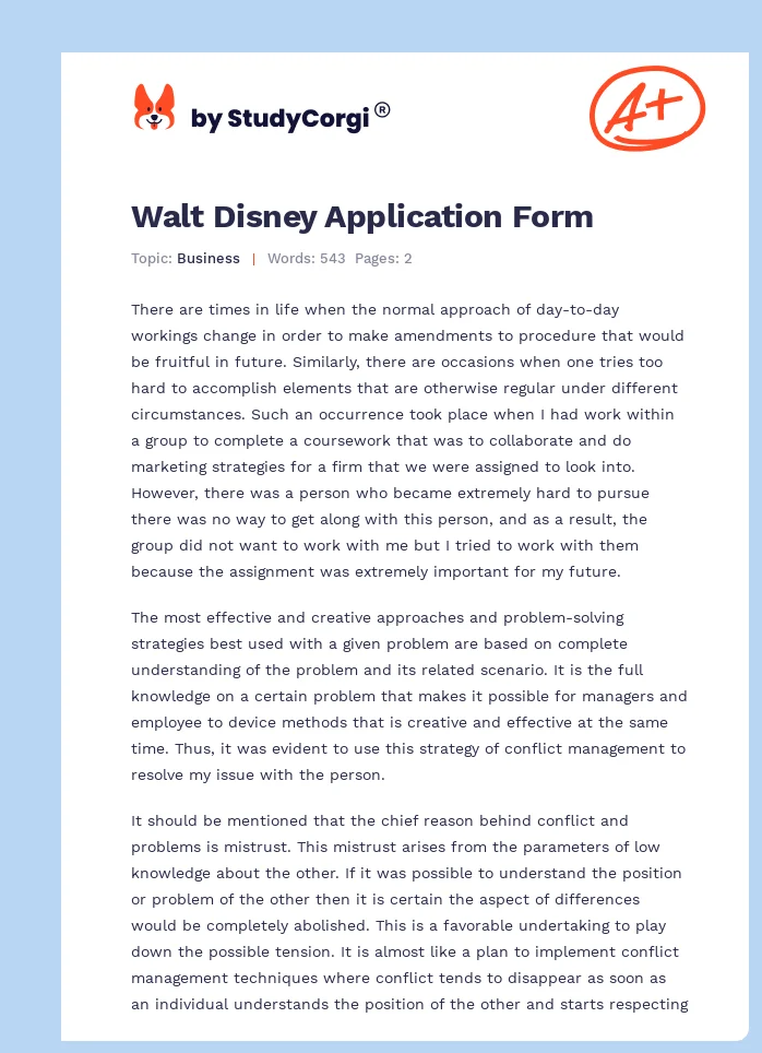 Walt Disney Application Form. Page 1
