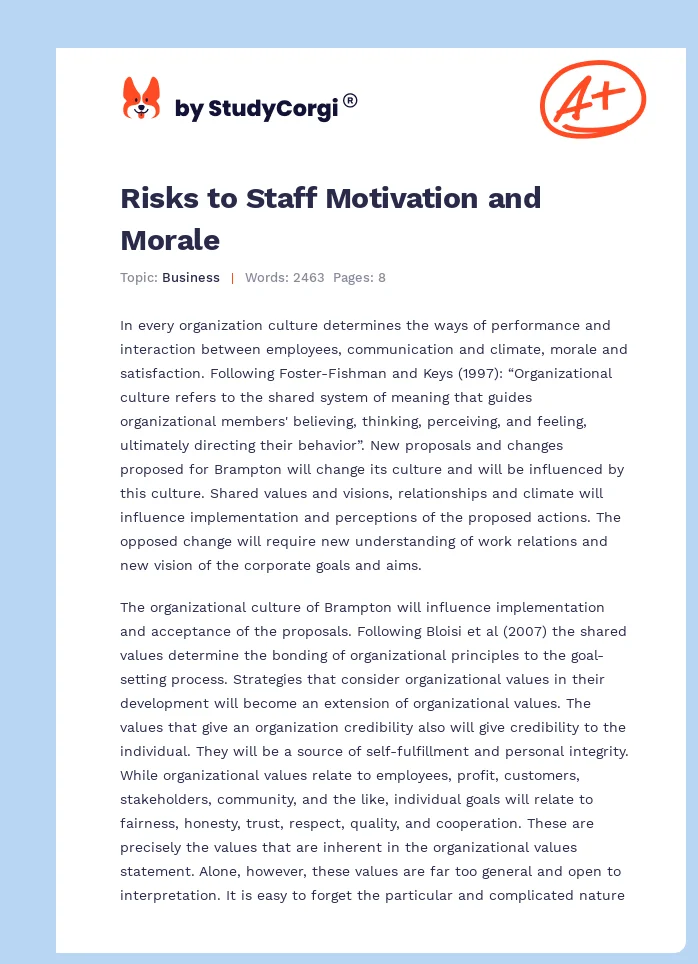 Risks to Staff Motivation and Morale. Page 1