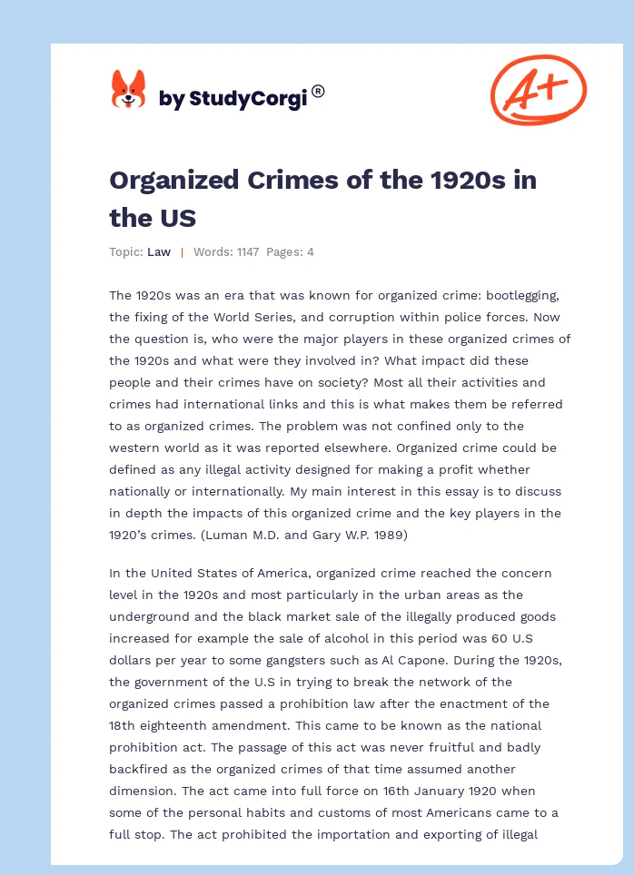 Organized Crimes of the 1920s in the US. Page 1