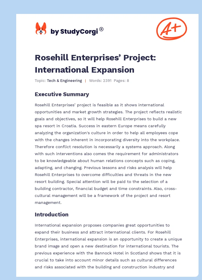 Rosehill Enterprises’ Project: International Expansion. Page 1