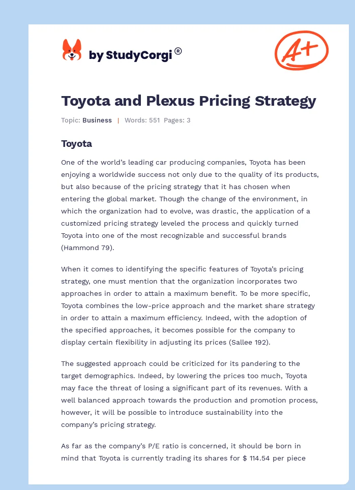Toyota and Plexus Pricing Strategy. Page 1