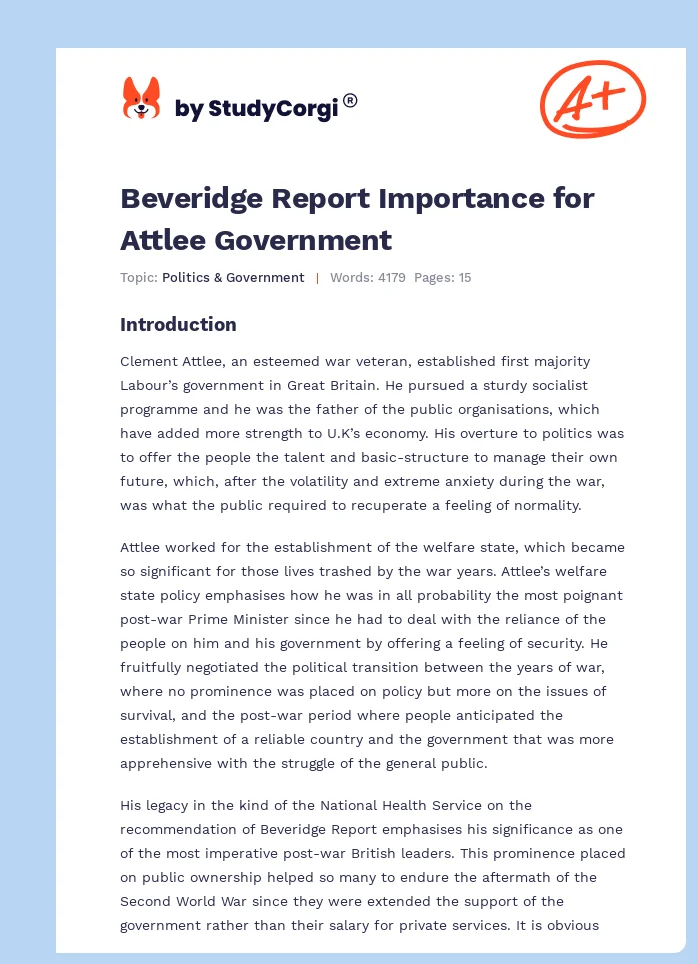 Beveridge Report Importance for Attlee Government. Page 1