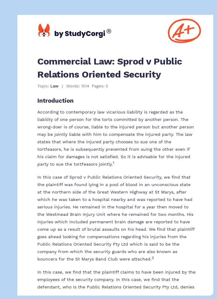 Commercial Law: Sprod v Public Relations Oriented Security. Page 1