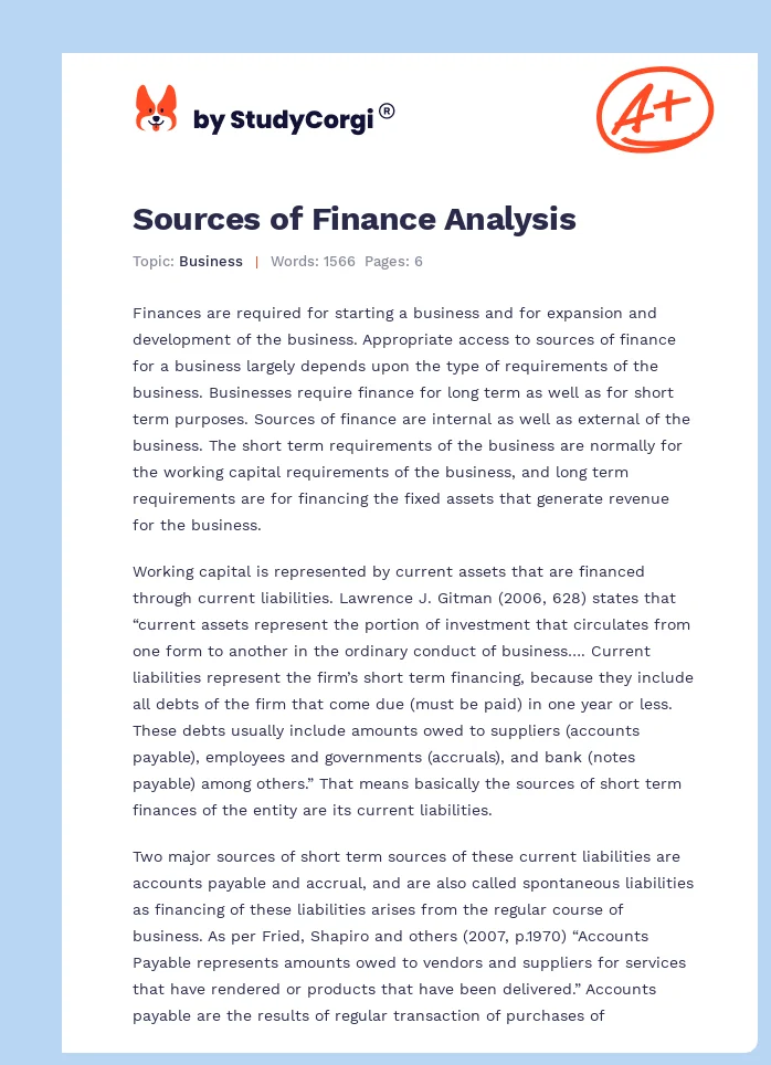 Sources of Finance Analysis. Page 1