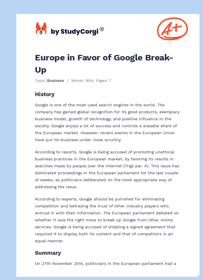 Europe in Favor of Google Break-Up. Page 1