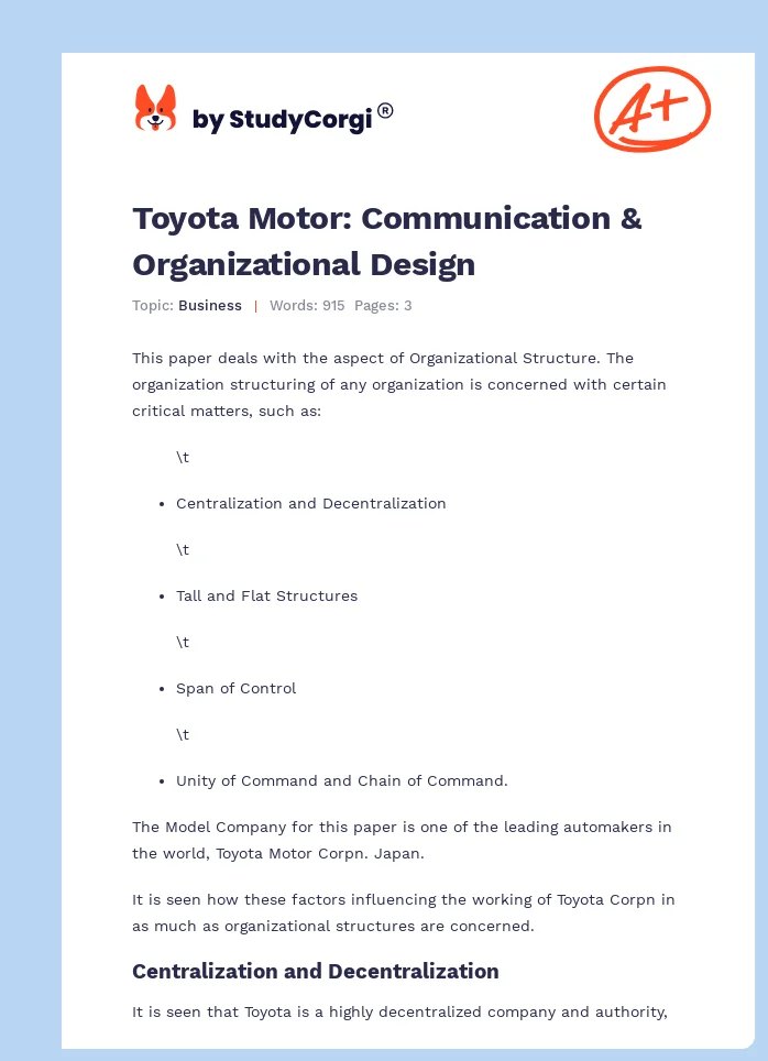 Toyota Motor: Communication & Organizational Design. Page 1