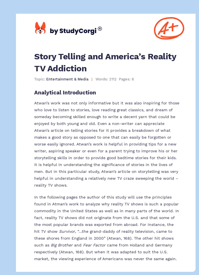 Story Telling and America’s Reality TV Addiction. Page 1