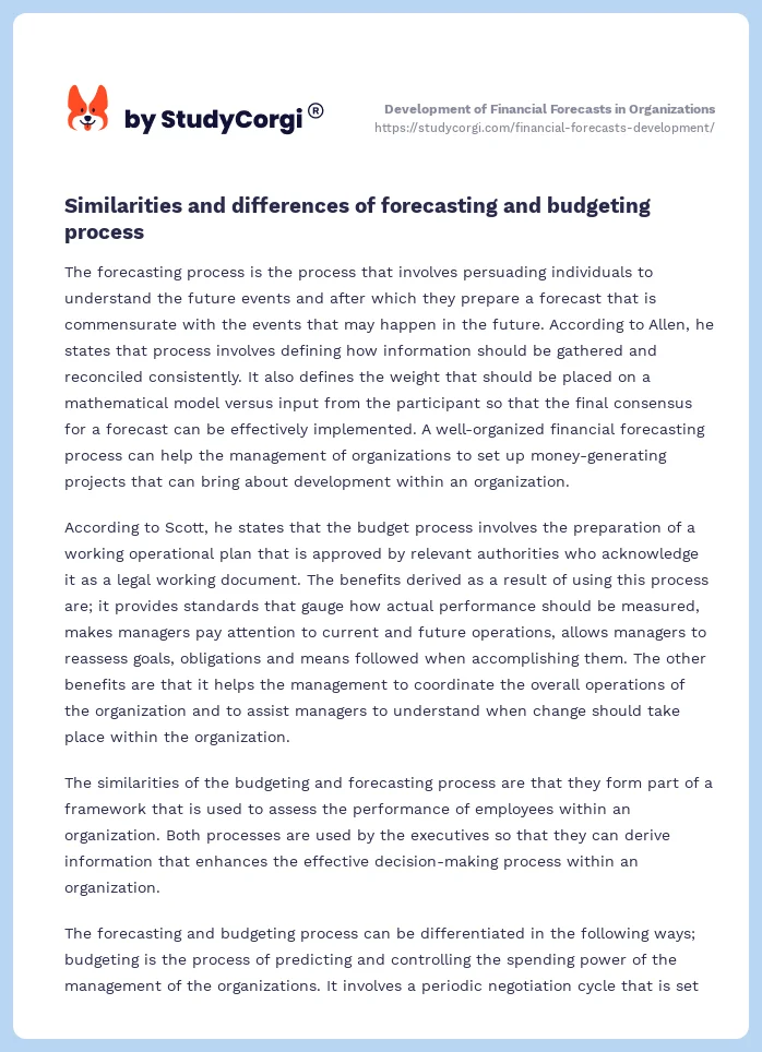 Development of Financial Forecasts in Organizations. Page 2